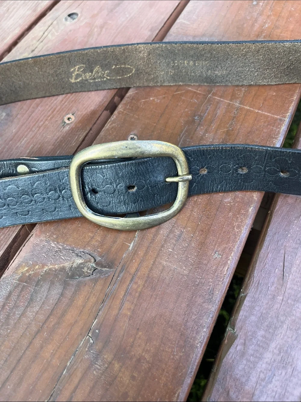 Black Embossed Leather Belt Brass Buckle vintage 70s